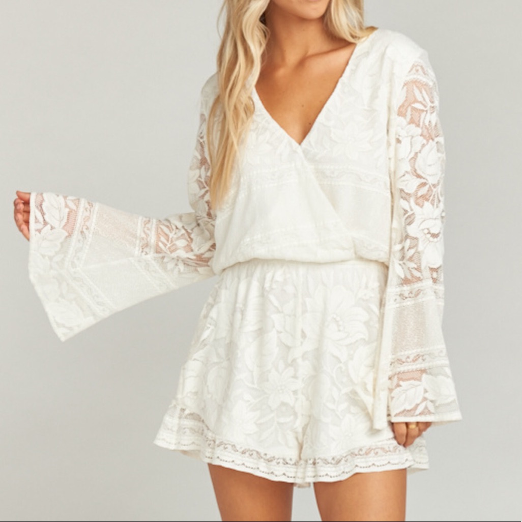 Show Me Your Mumu Loretta Romper White Lace Long Sleeve Wrap Surplice Bridal